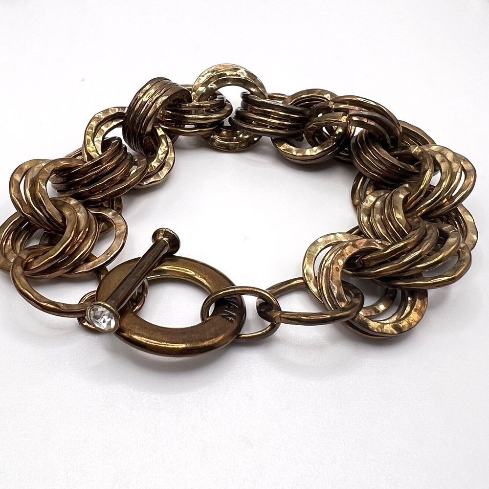 IMAN Hammered Bronze Tone Multi Link Chunky Toggle Bracelet Rhinestone 7.5 Inch